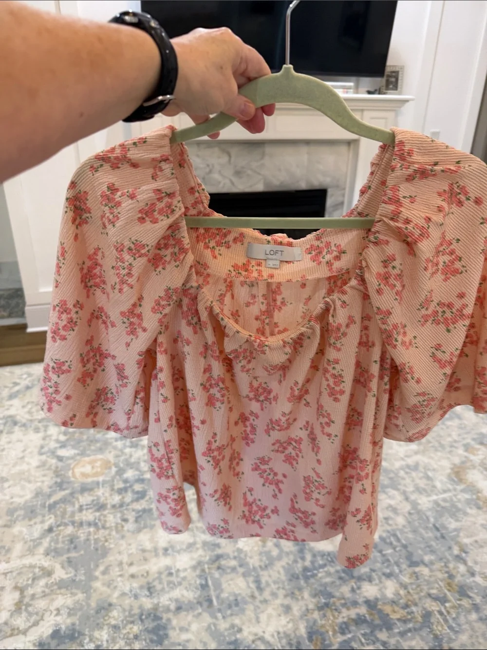 LOFT Blush Pink Floral Square-Neck Peasant Blouse